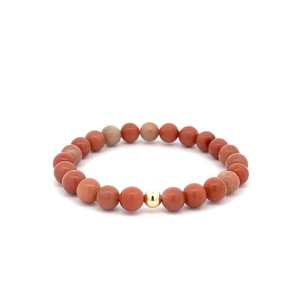 Natural Jade Indian Red Gemstones 6mm Stretchable Bracelet 18k Gold Bead Charm